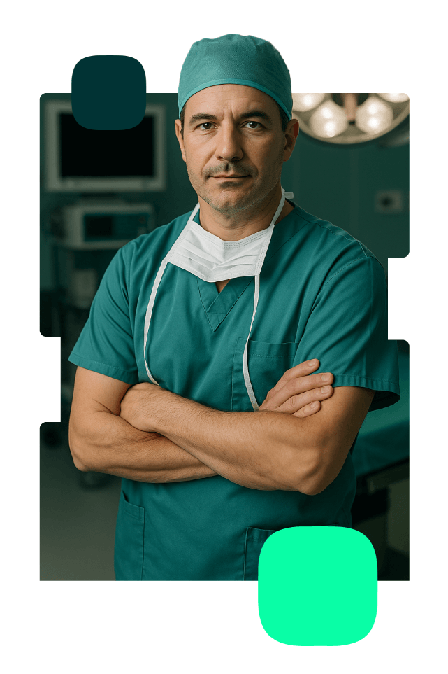 A confident male surgeon in teal scrubs and a surgical cap stands with arms crossed in a modern operating theatre, conveying professionalism and trust - reflecting INNEG’s commitment to expert medical witness services.
