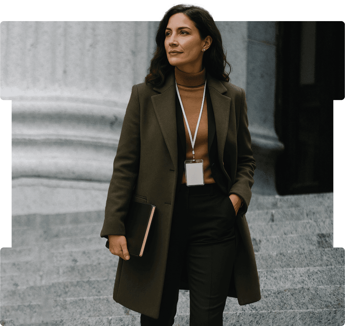 Confident businesswoman in a brown coat standing on stone steps, holding a book and wearing a lanyard, with an architectural column background partially masked by a rectangular frame with cut-out edges.